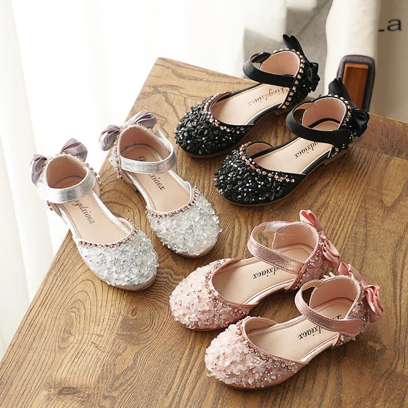 Kids Leather Sequins Bow Sandals