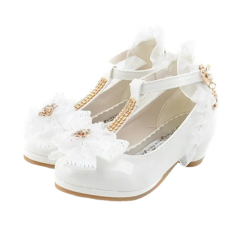 Children PU Low Heel Lace Flower Shoes